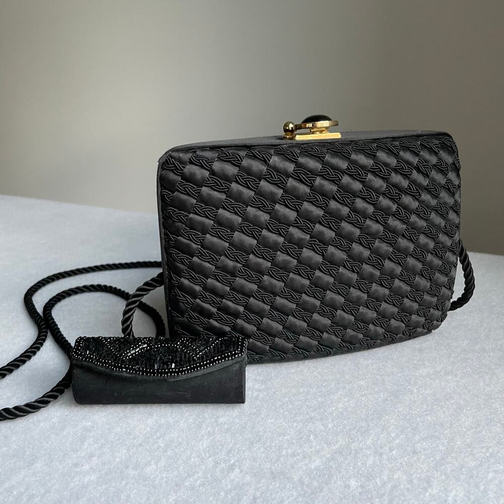 Vintage Black Woven Satin Evening Bag w/ Beaded Compact Lipstick Holder Glam